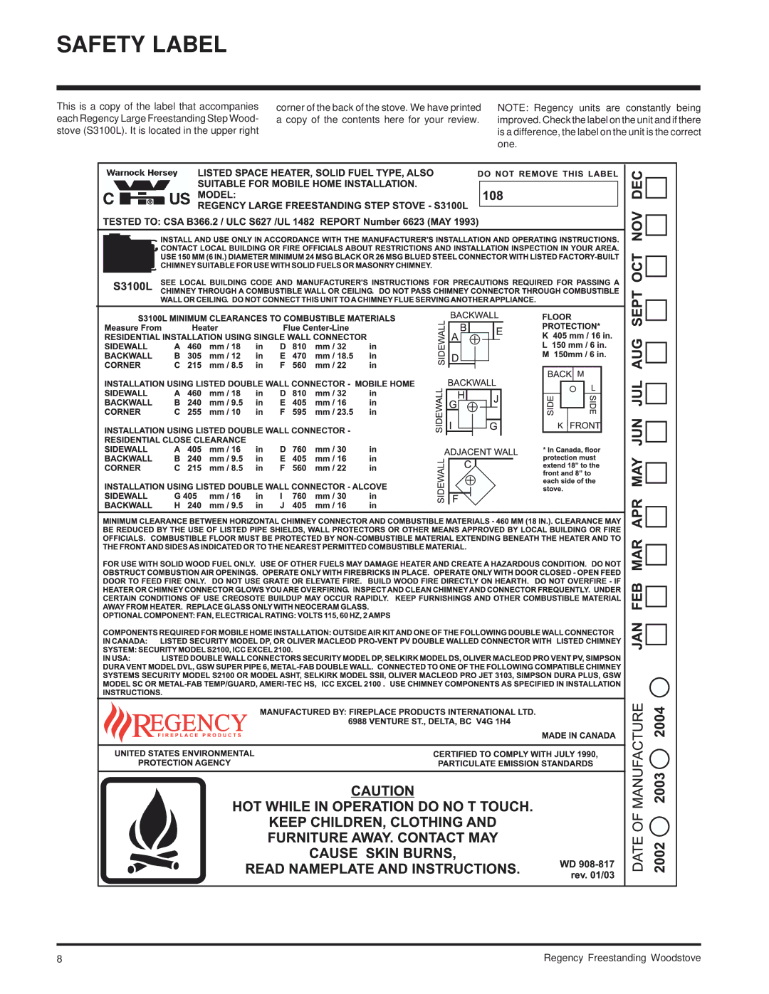 Regency S2100M, F2100M installation manual Safety Label 