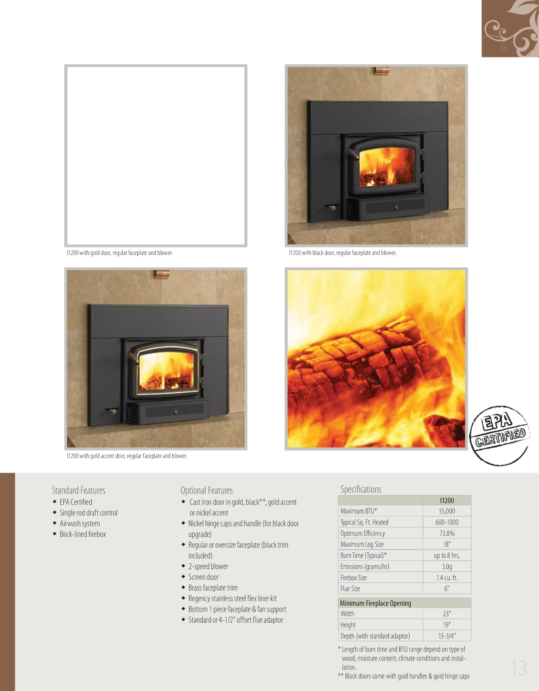 Regency F2400, S2400 manual Ww Brick-lined firebox Upgrade, Included, Ww Brass faceplate trim 