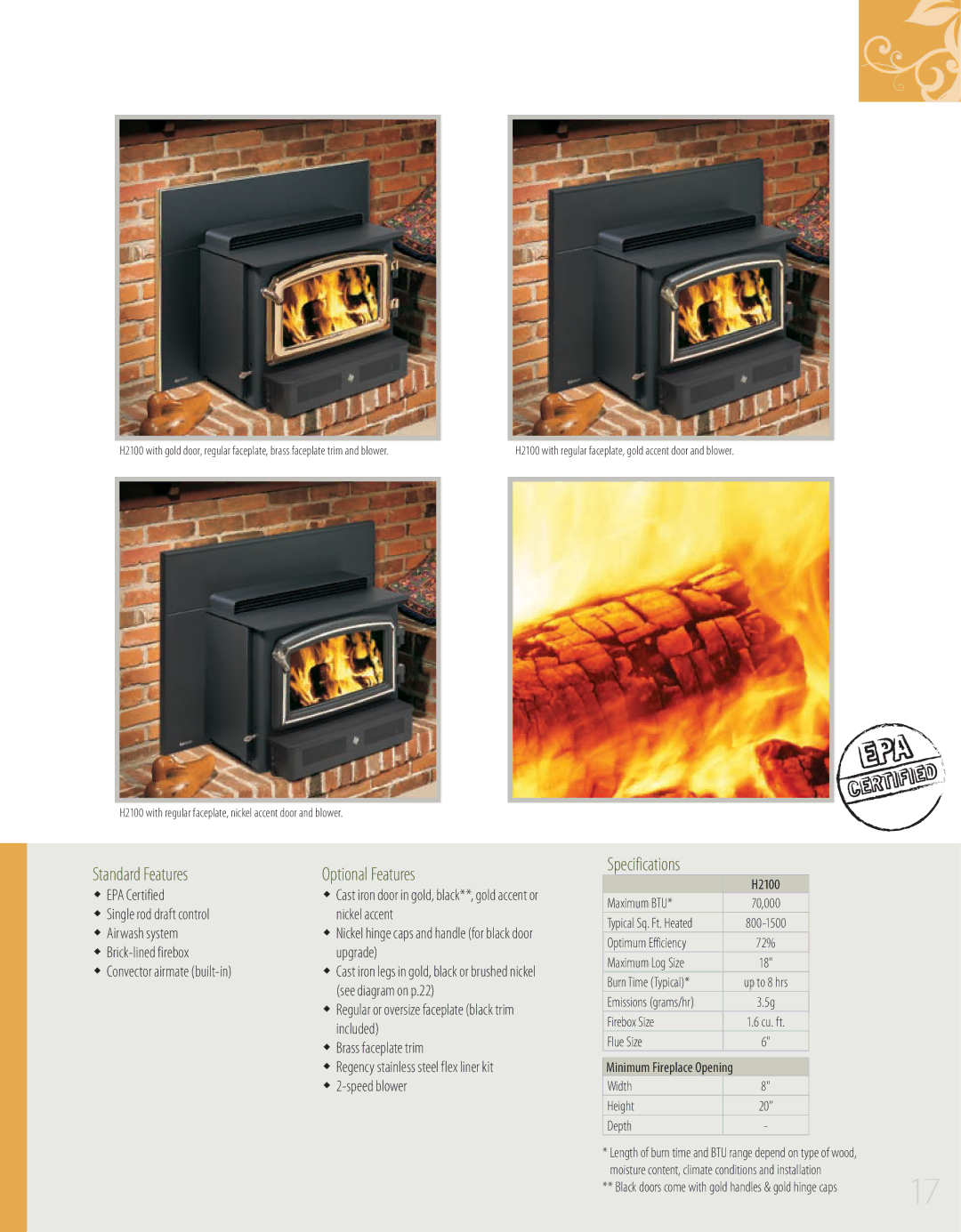 Regency F2400 See diagram on p.22, H2100, Width Height Depth, Length of burn time and BTU range depend on type of wood 