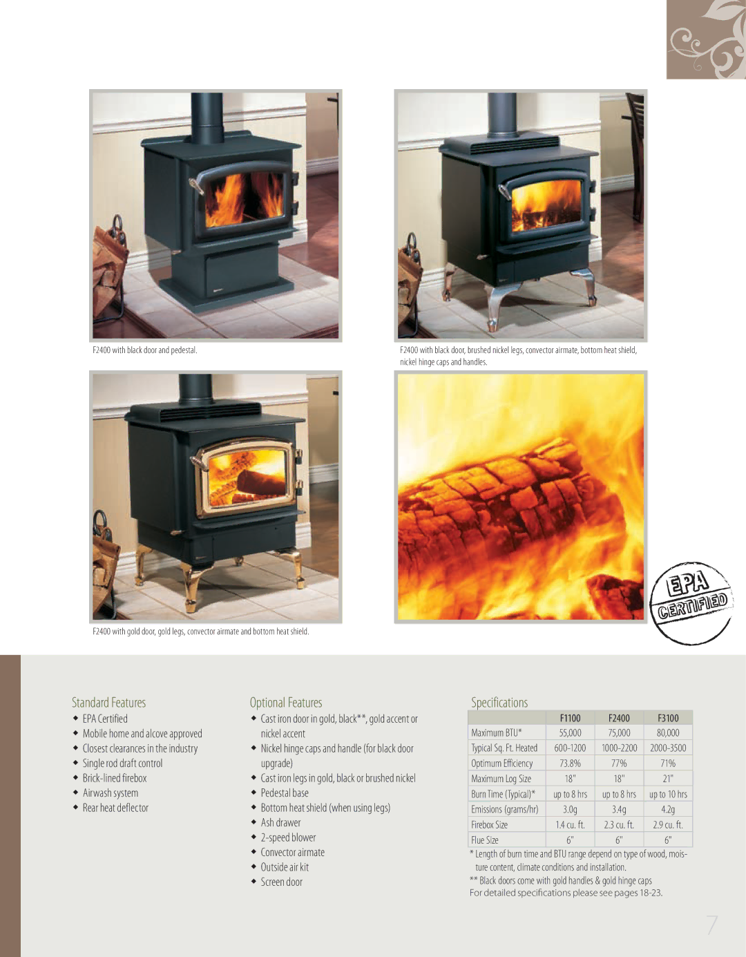 Regency S2400 manual Ww EPA Certified, Firebox Size, Flue Size, F2400 with black door and pedestal, Maximum BTU 