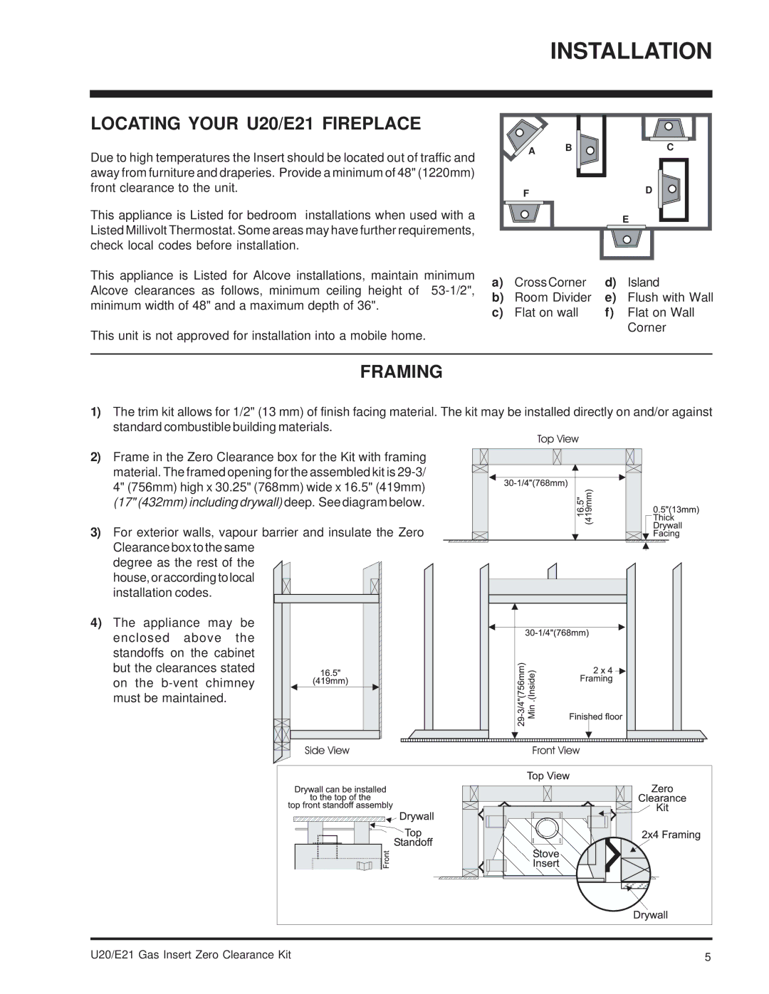 Regency installation manual Locating Your U20/E21 Fireplace, Framing 