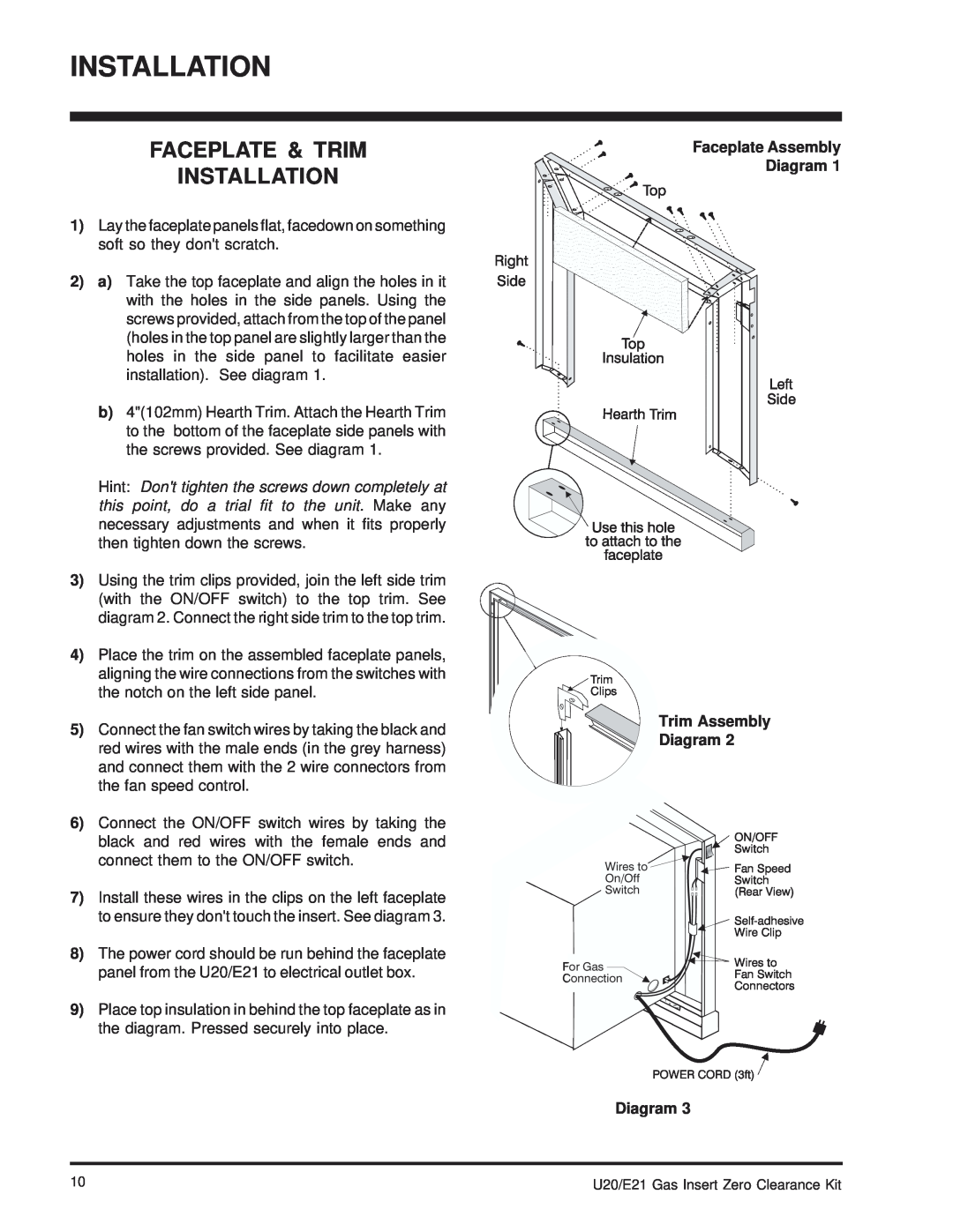 Regency U20, E21 installation manual Faceplate & Trim Installation, Faceplate Assembly Diagram, Trim Assembly Diagram 