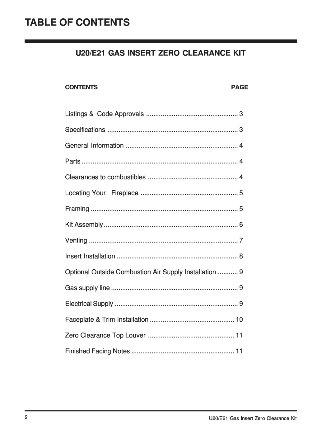 Regency installation manual Table Of Contents, U20/E21 GAS INSERT ZERO CLEARANCE KIT 