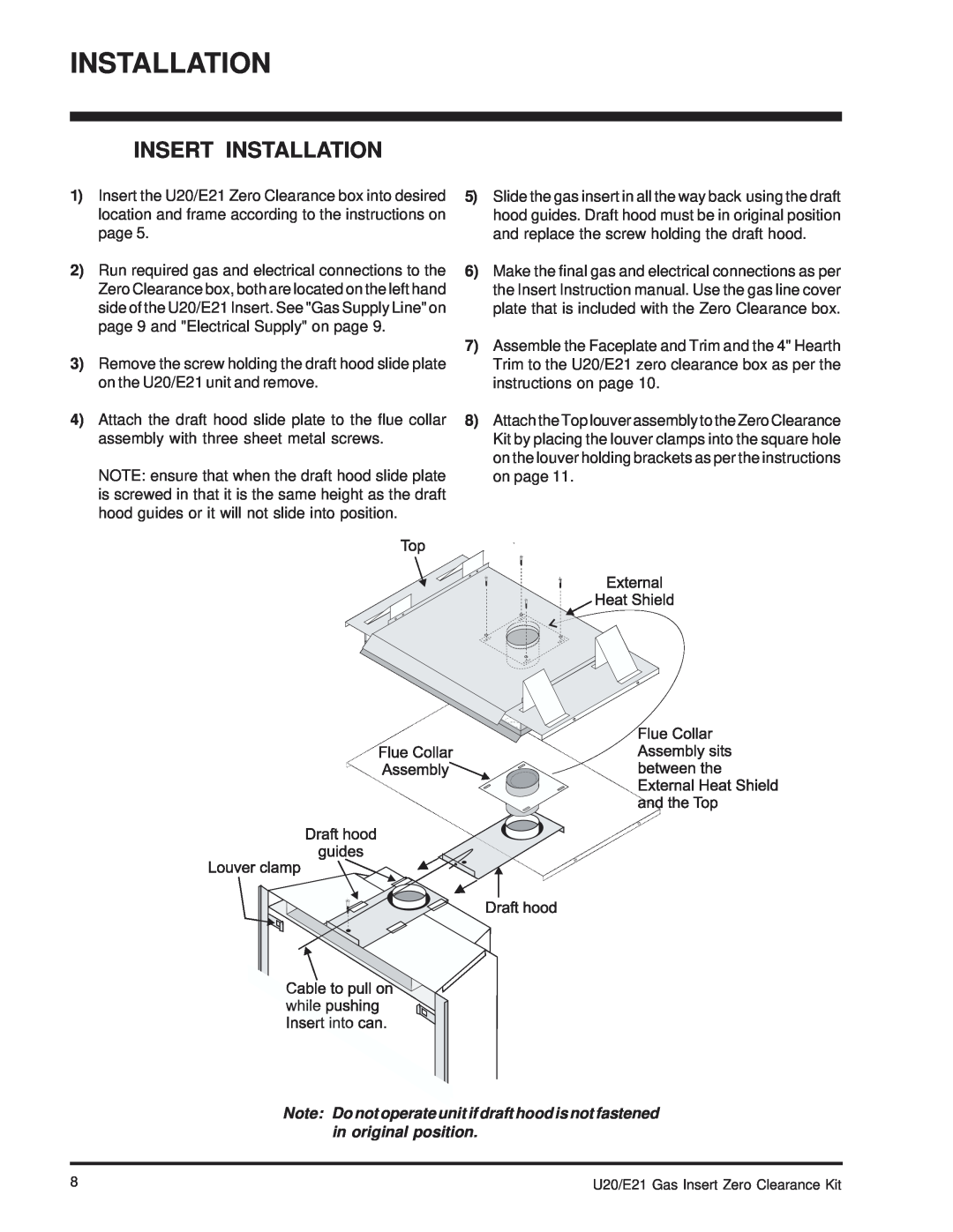Regency installation manual Insert Installation, U20/E21 Gas Insert Zero Clearance Kit 