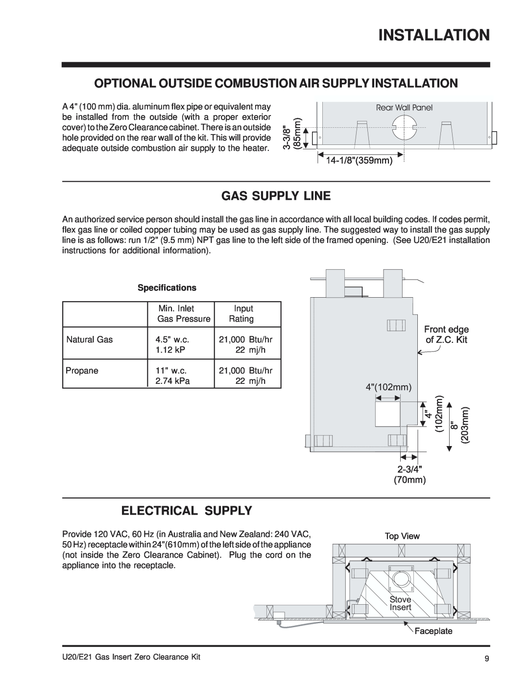Regency E21, U20 installation manual Gas Supply Line, Electrical Supply, Installation, Specifications 