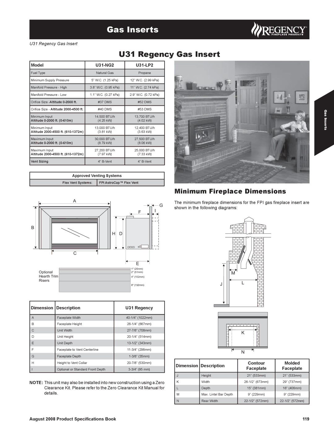 Regency dimensions Minimum Fireplace Dimensions, Model U31-NG2 U31-LP2, Description U31 Regency 