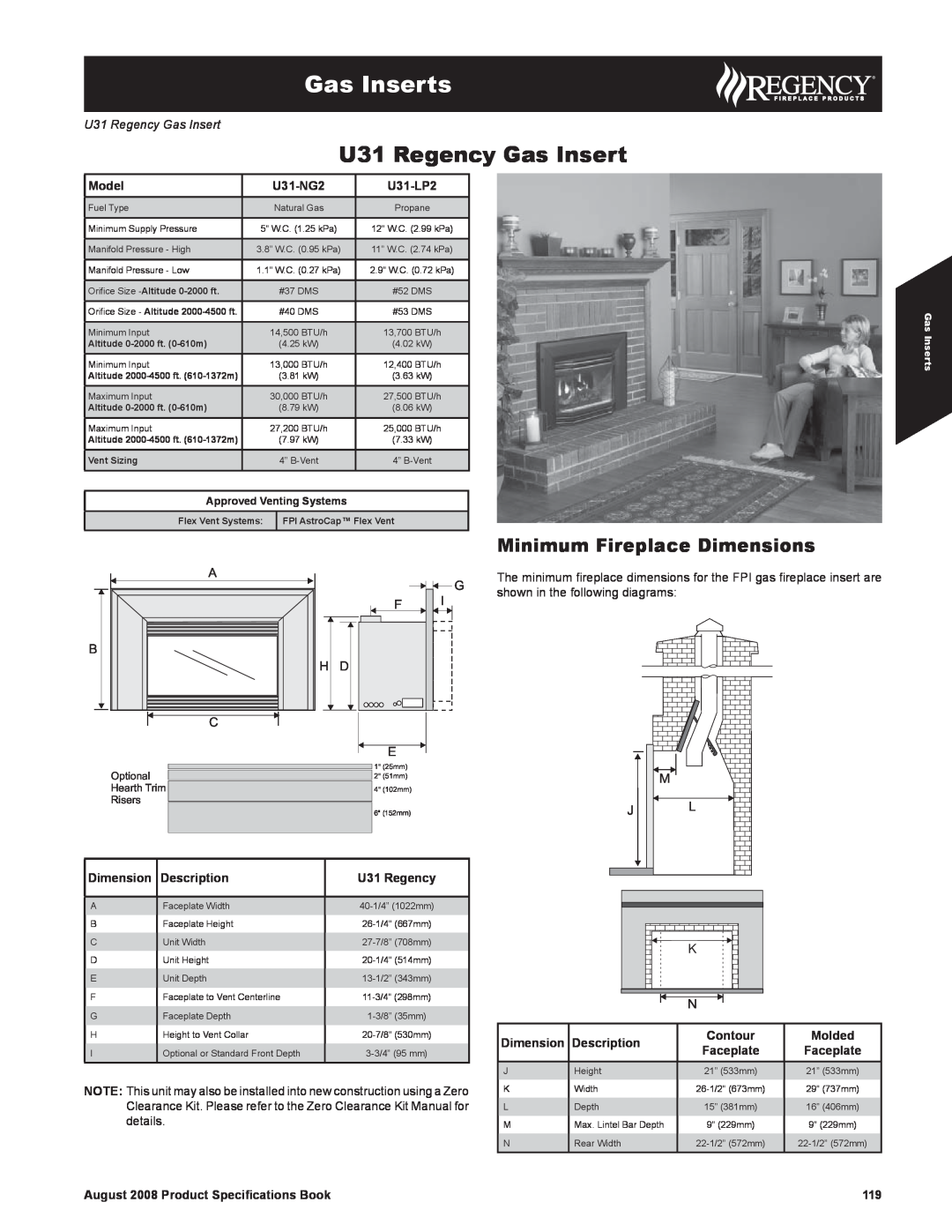 Regency U31-NG2, U31-LP2 dimensions Gas Inserts, Minimum Fireplace Dimensions, U31 Regency Gas Insert 
