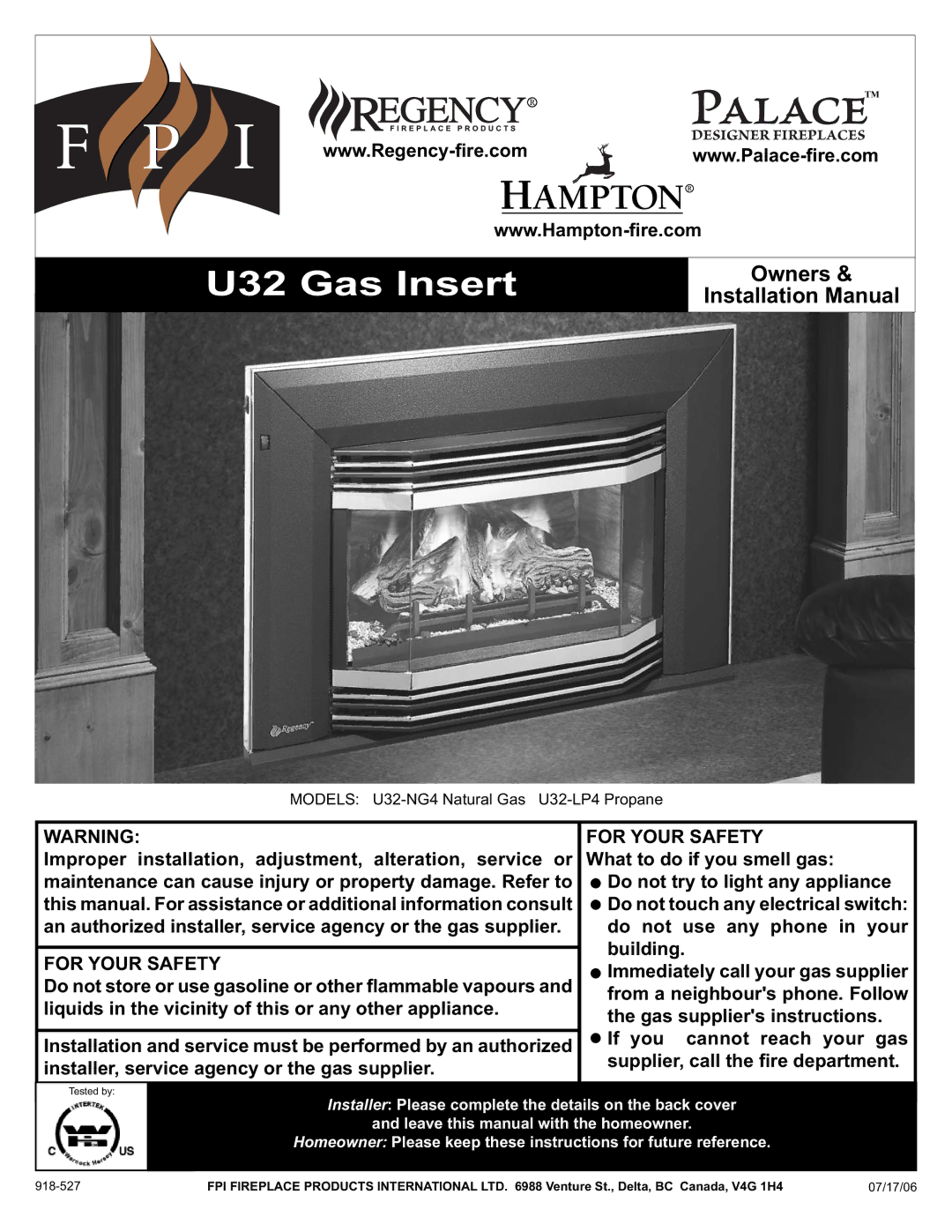 Regency U32-NG4, U32-LP4 installation manual U32 Gas Insert 