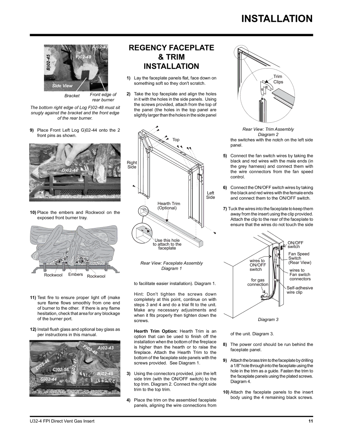 Regency U32-NG4, U32-LP4 installation manual Regency Faceplate Trim Installation, Rear burner 