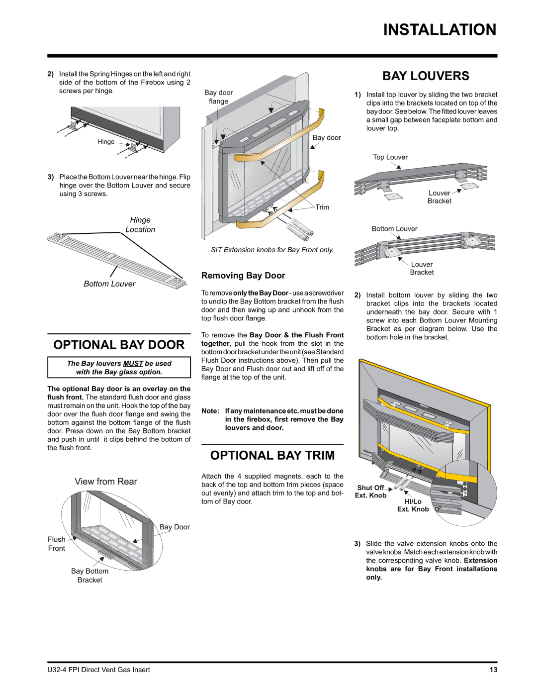 Regency U32-NG4, U32-LP4 installation manual BAY Louvers, Optional BAY Door, Optional BAY Trim, Removing Bay Door 