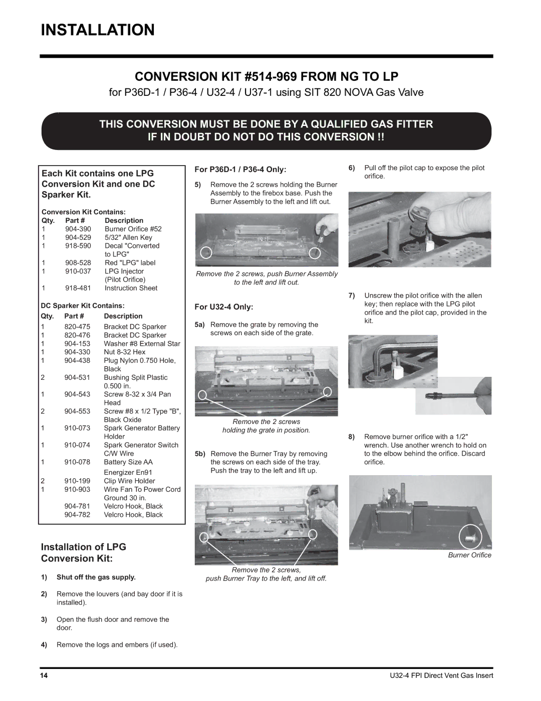 Regency U32-LP4, U32-NG4 installation manual Conversion KIT #514-969 from NG to LP, For P36D-1 / P36-4 Only 