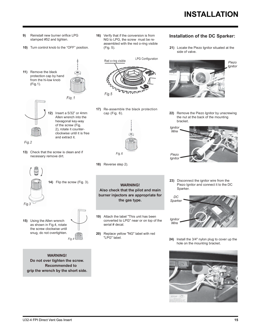 Regency U32-NG4, U32-LP4 installation manual Installation of the DC Sparker 