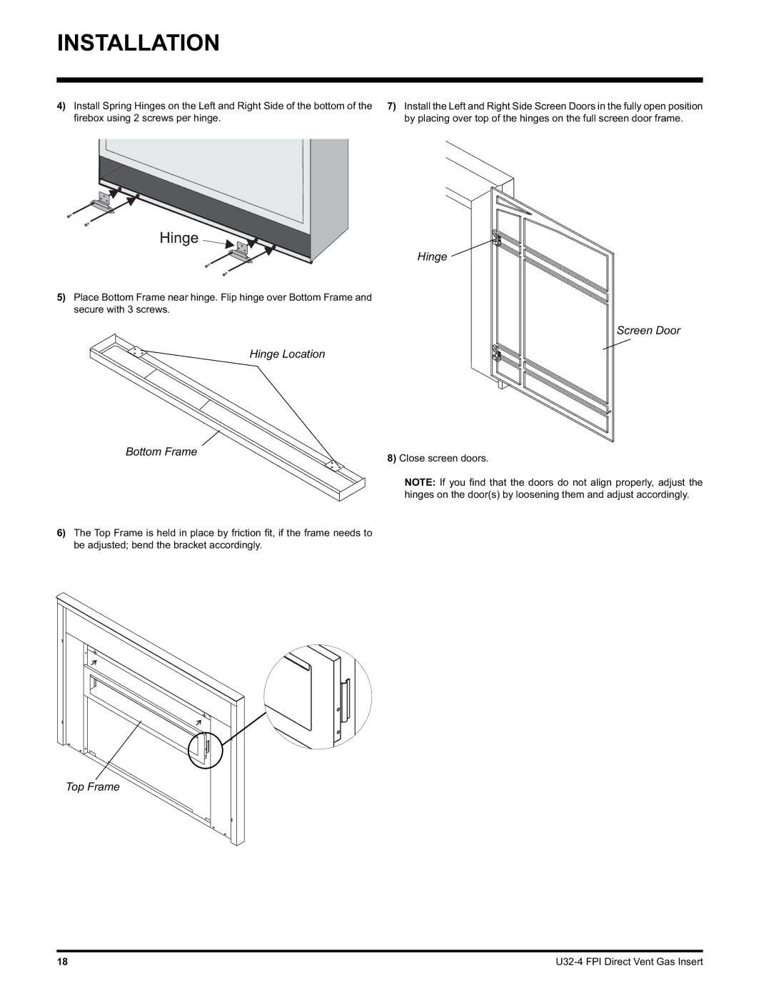 Regency U32-LP4, U32-NG4 installation manual Hinge 