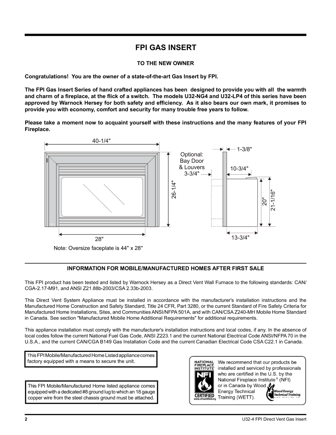 Regency U32-LP4, U32-NG4 installation manual FPI GAS Insert, To the NEW Owner 