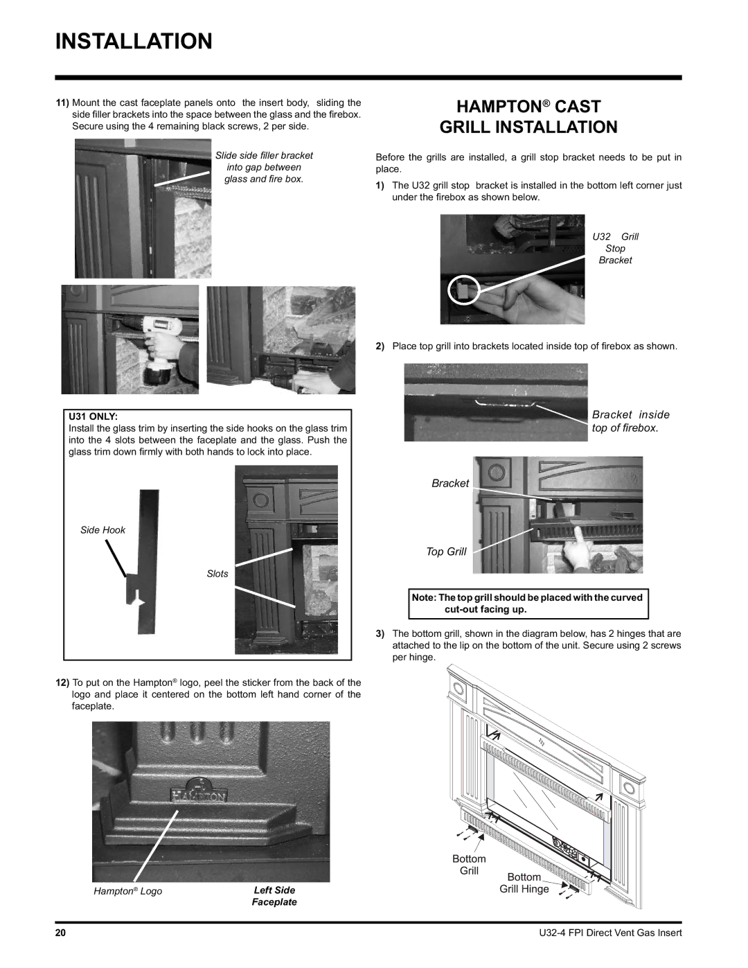 Regency U32-LP4, U32-NG4 installation manual Hampton Cast Grill Installation, U31 only 