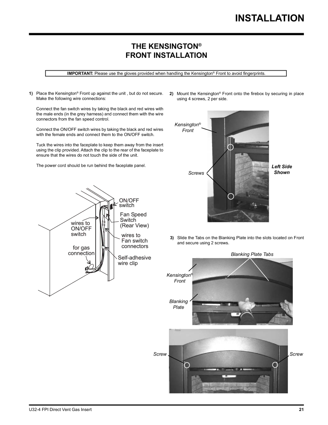 Regency U32-NG4, U32-LP4 installation manual Kensington Front Installation, Left Side 