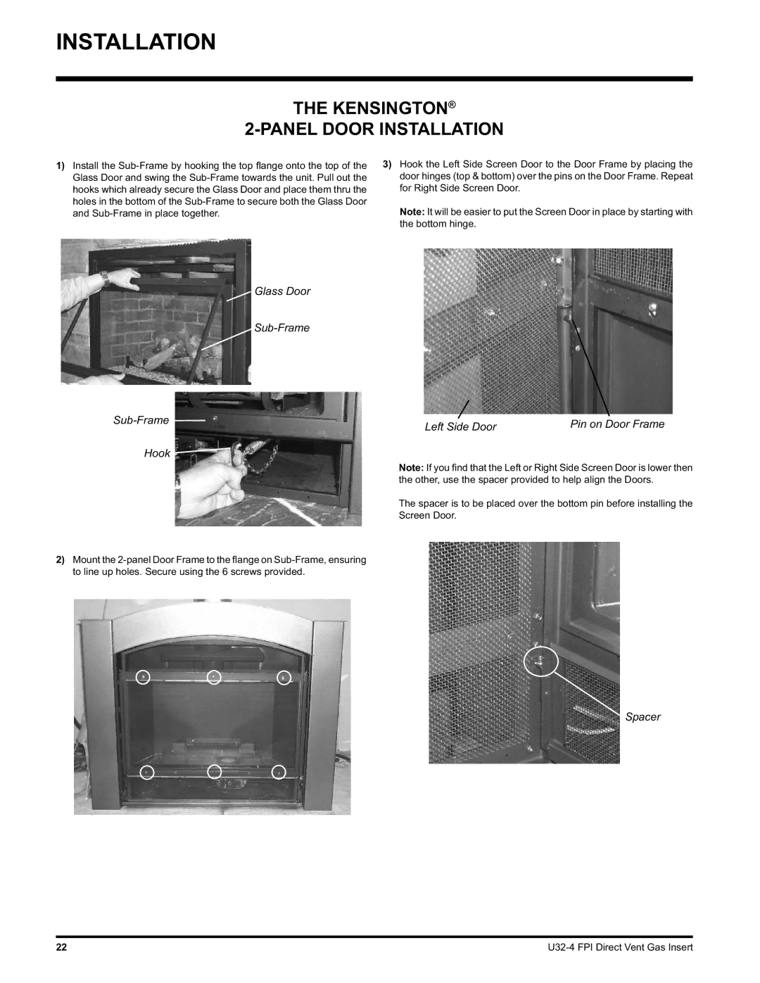 Regency U32-LP4, U32-NG4 installation manual Kensington Panel Door Installation, Glass Door Sub-Frame Hook 