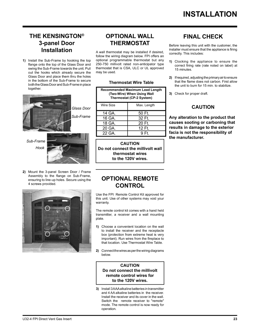 Regency U32-NG4, U32-LP4 Kensington, Optional Wall Thermostat, Final Check, Optional Remote Control, Thermostat Wire Table 