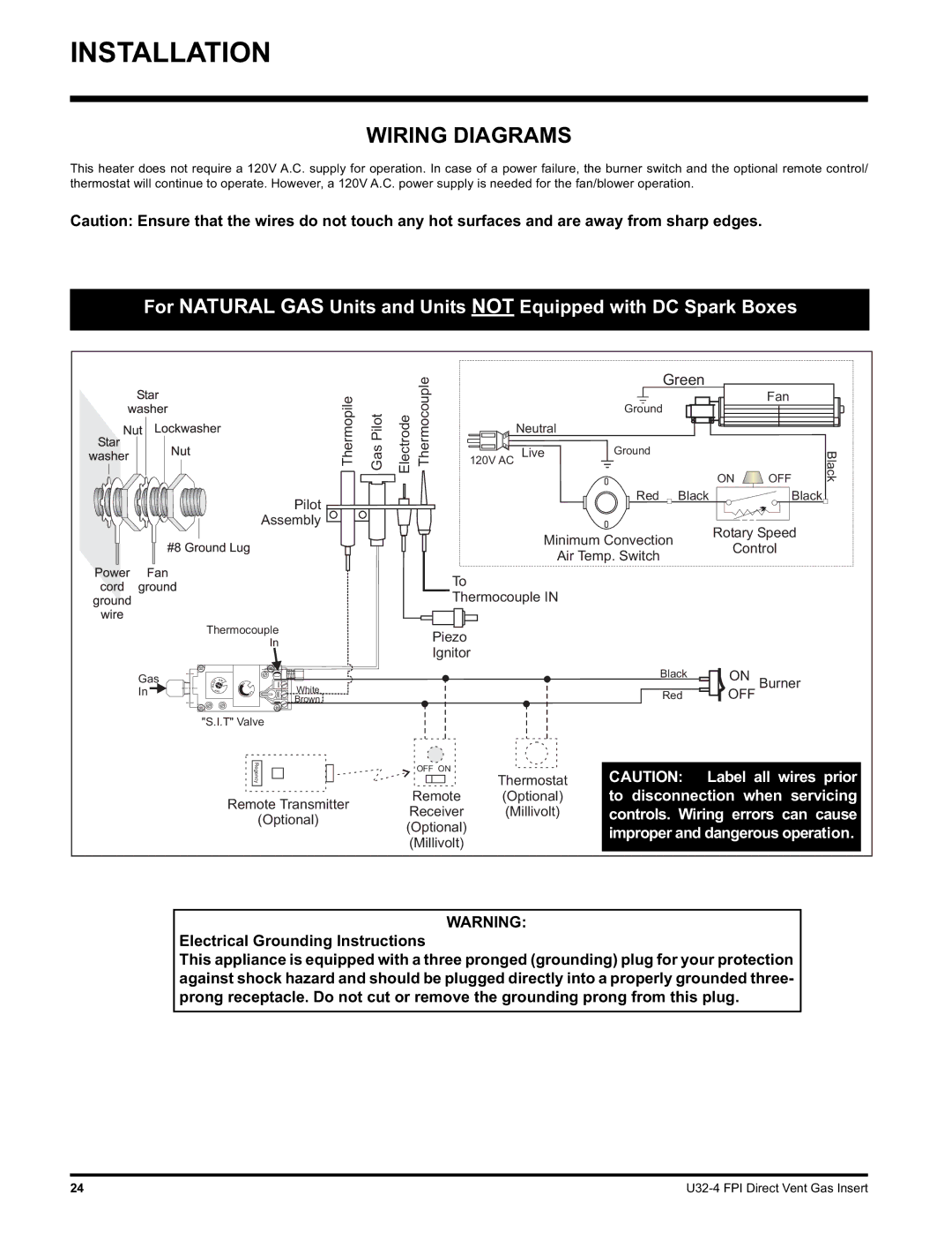 Regency U32-LP4, U32-NG4 installation manual Wiring Diagrams, Electrical Grounding Instructions 