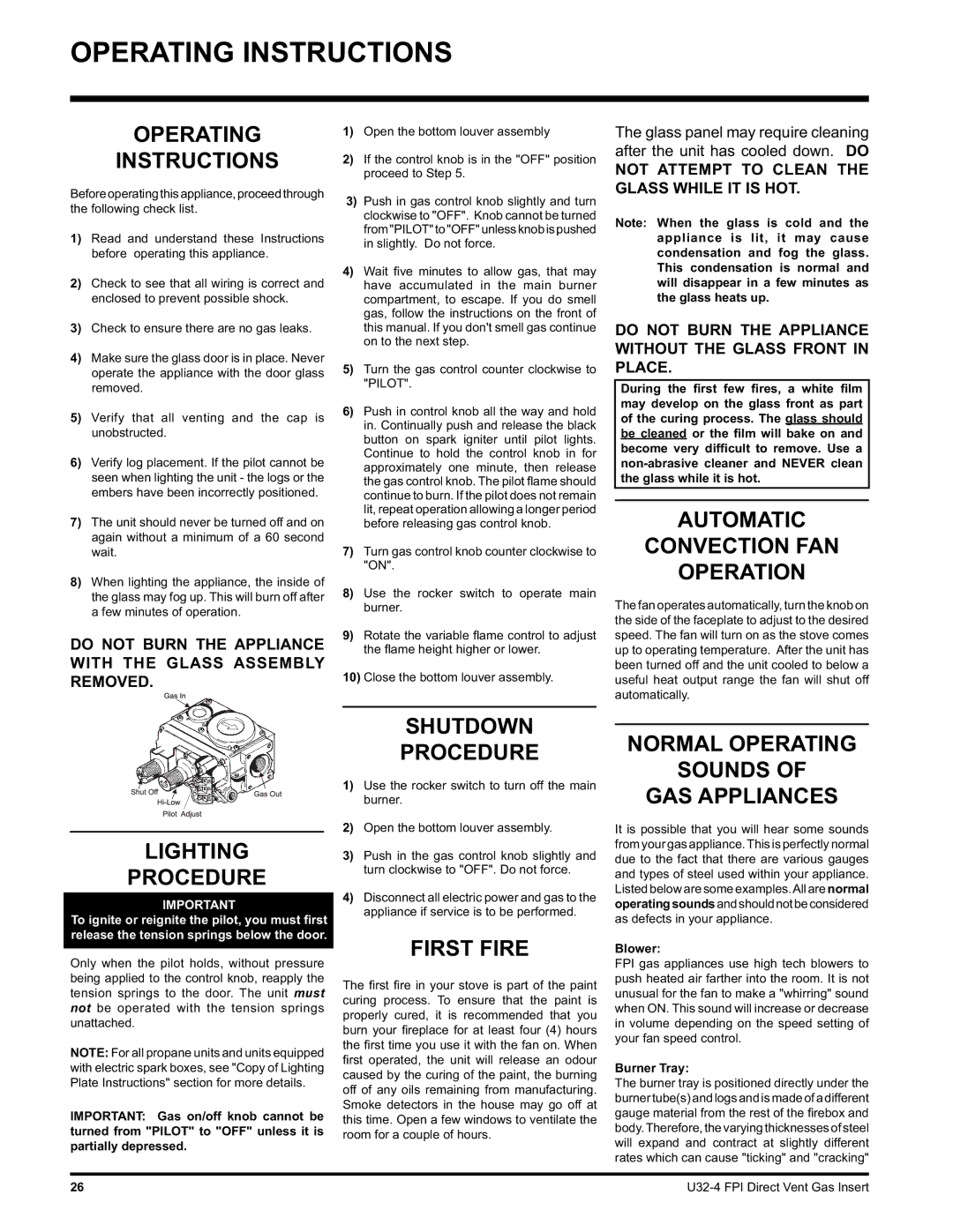 Regency U32-LP4, U32-NG4 installation manual Operating Instructions 