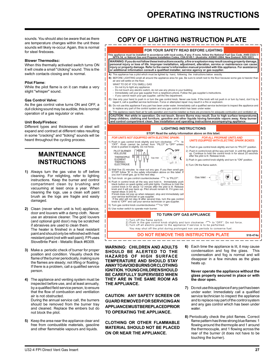 Regency U32-NG4, U32-LP4 installation manual Copy of Lighting Instruction Plate, Maintenance Instructions 