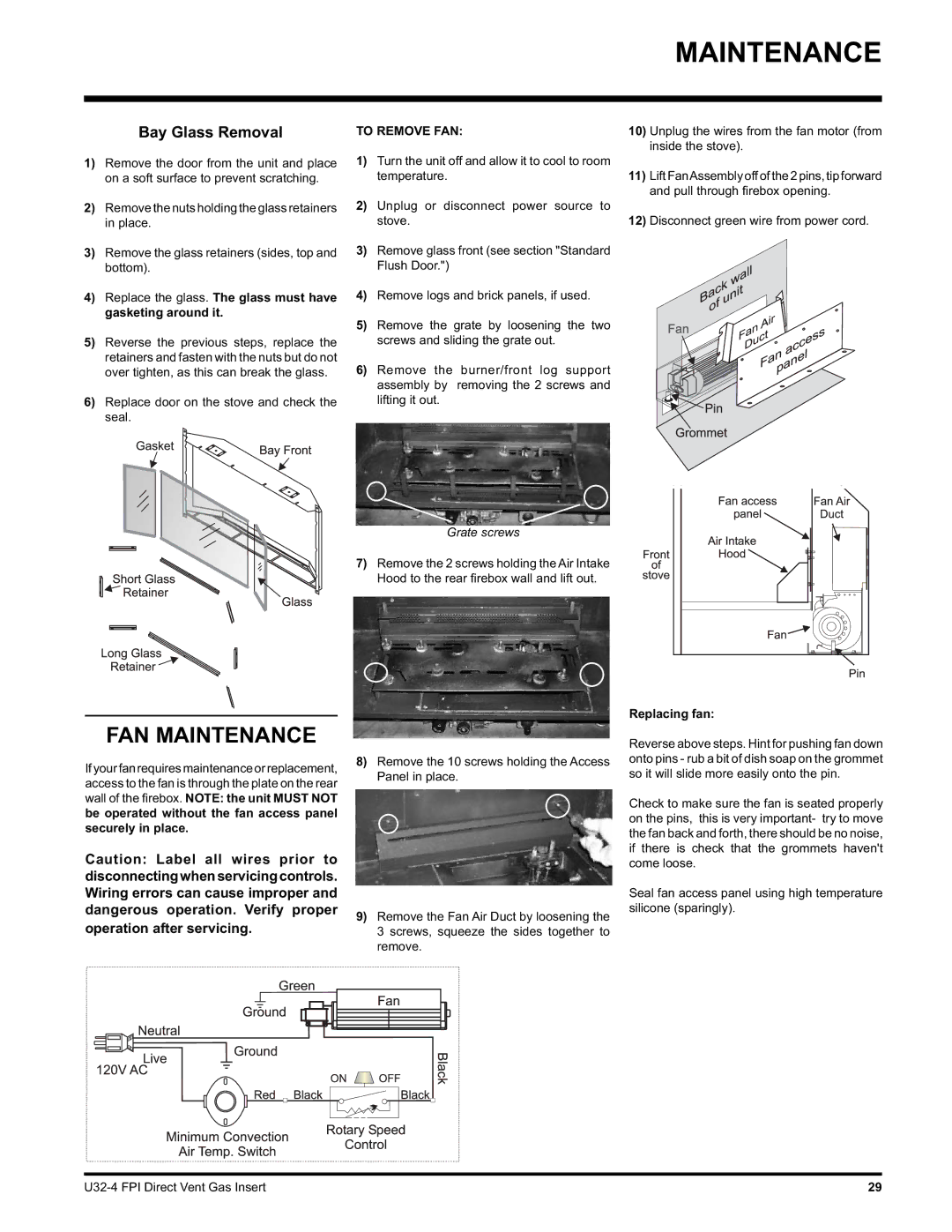 Regency U32-NG4, U32-LP4 installation manual FAN Maintenance, Bay Glass Removal 