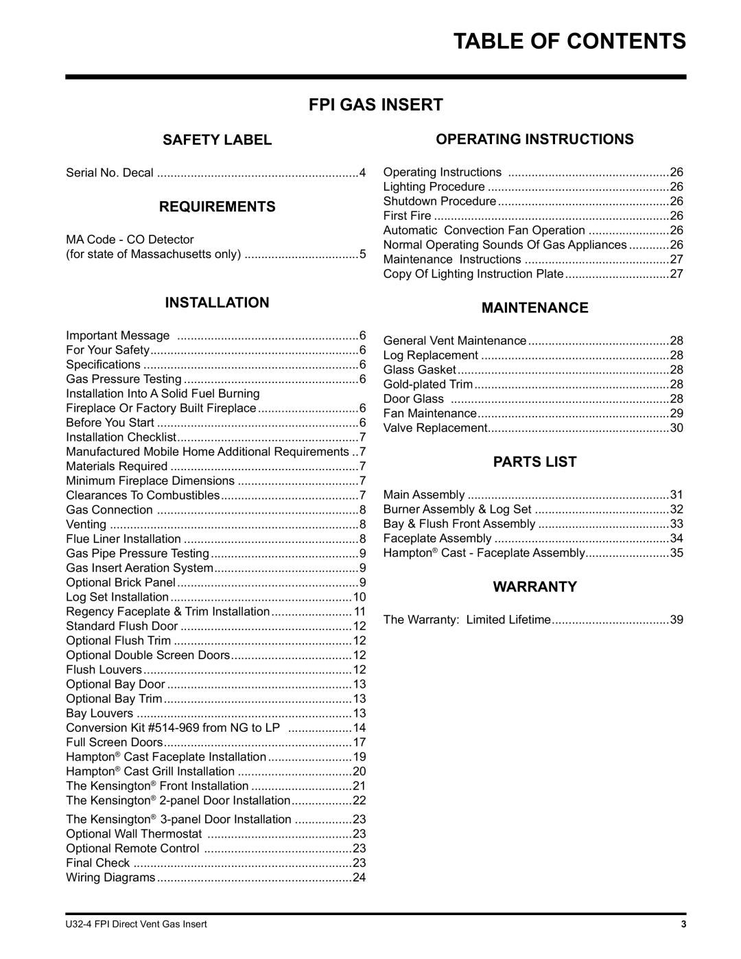 Regency U32-NG4, U32-LP4 installation manual Table of Contents 