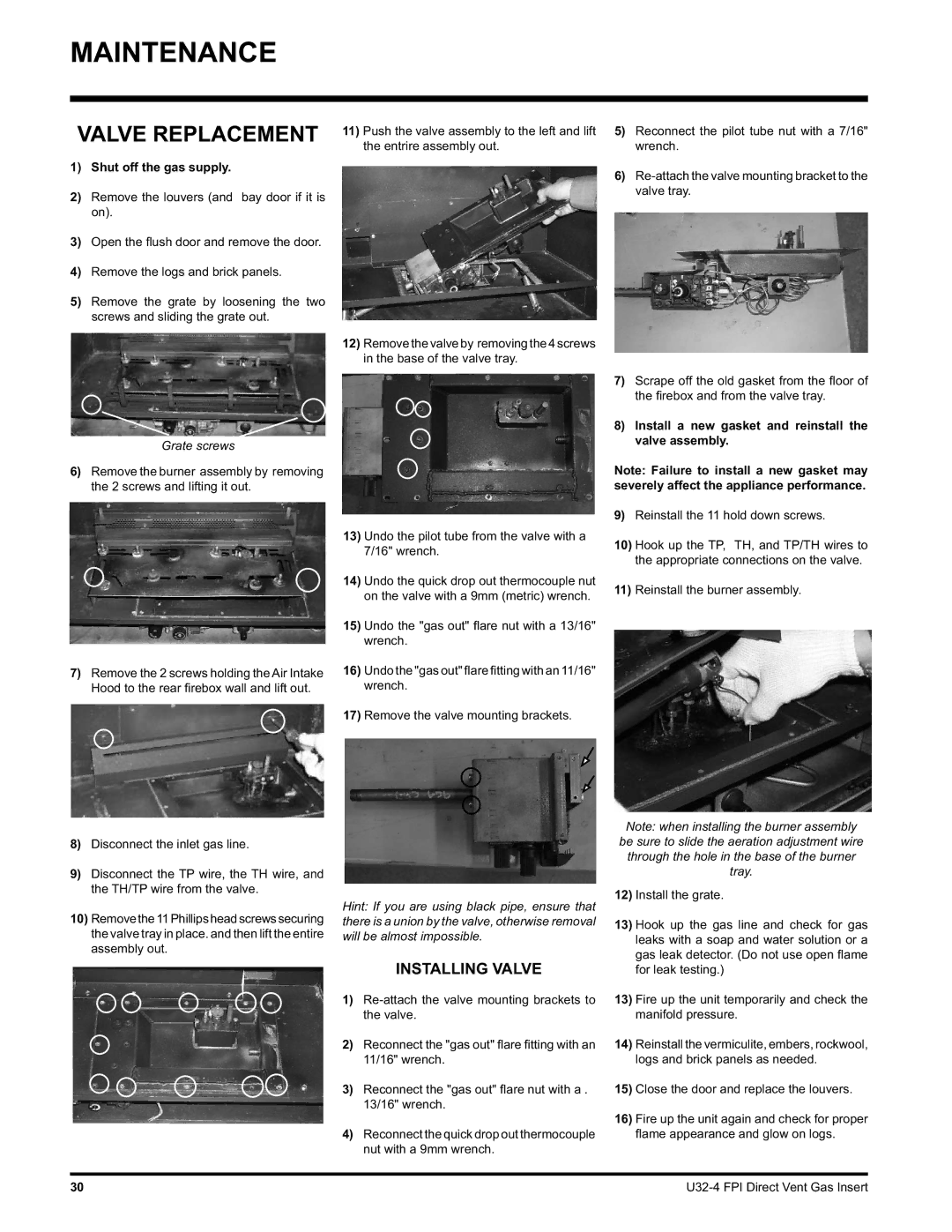 Regency U32-LP4, U32-NG4 installation manual Valve Replacement, Entrire assembly out, Shut off the gas supply 