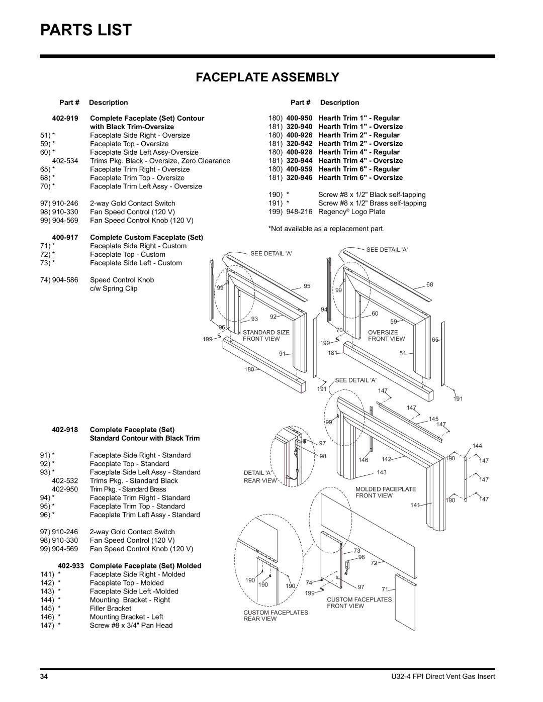 Regency U32-LP4, U32-NG4 installation manual Faceplate Assembly, 400-917, Complete Faceplate Set 