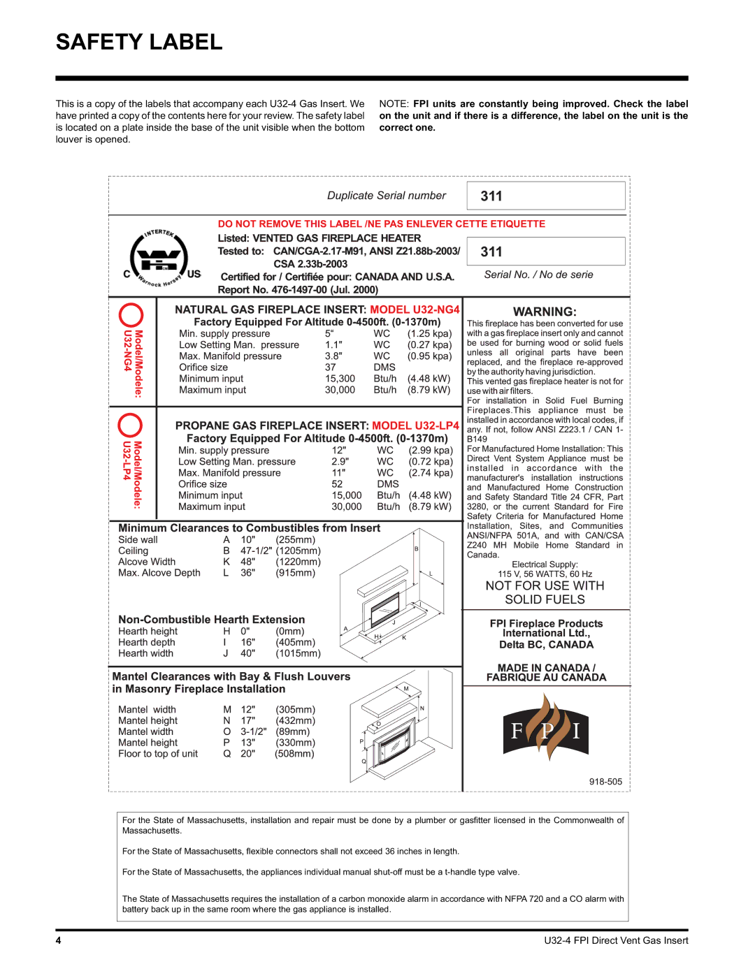 Regency U32-LP4, U32-NG4 installation manual Safety Label 