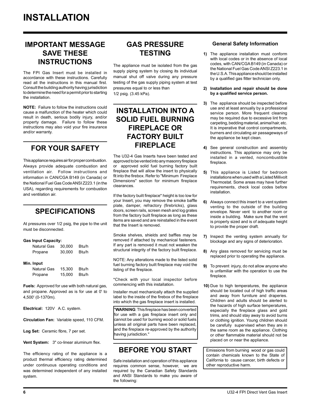 Regency U32-LP4, U32-NG4 installation manual Installation 