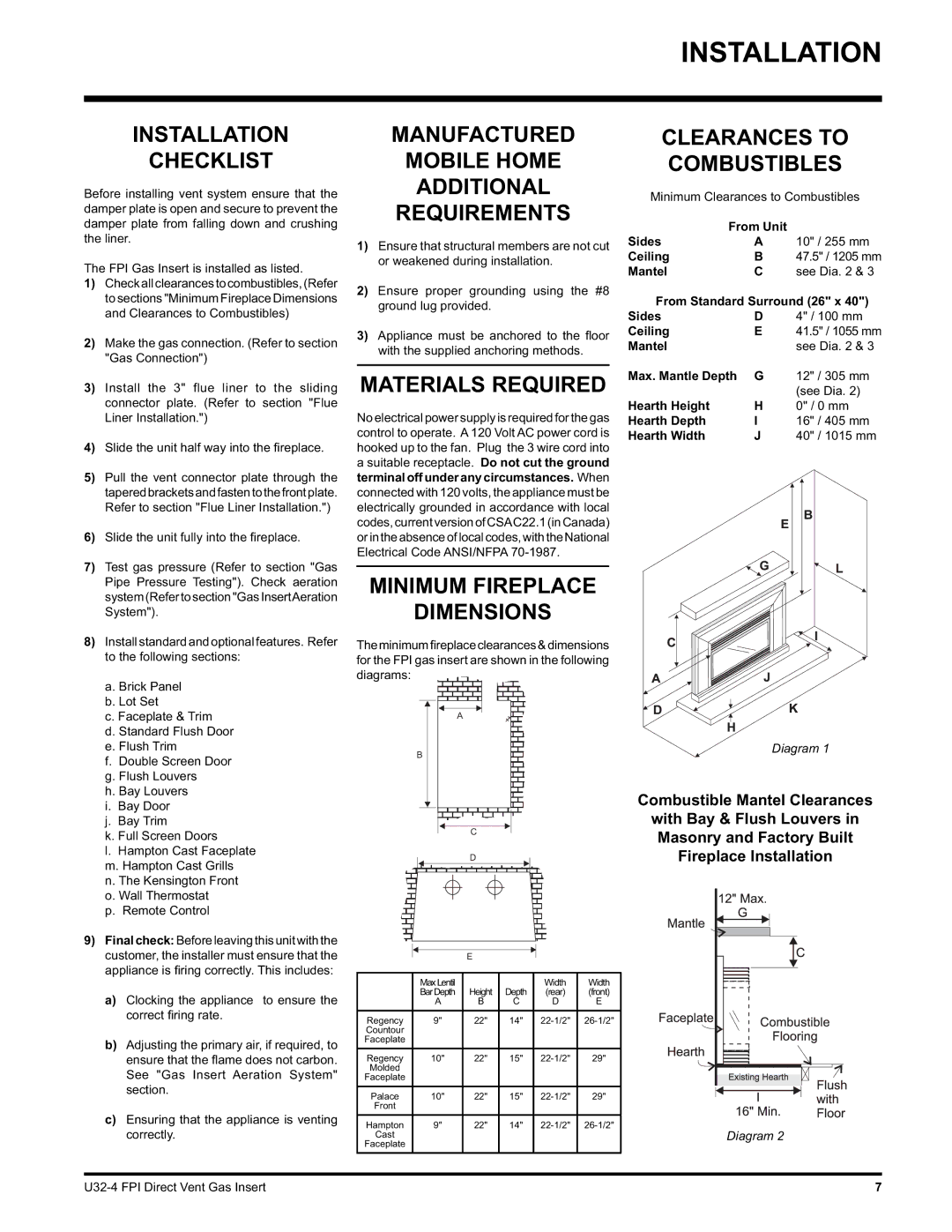 Regency U32-NG4, U32-LP4 Installation Checklist, Manufactured Mobile Home Additional Requirements, Materials Required 