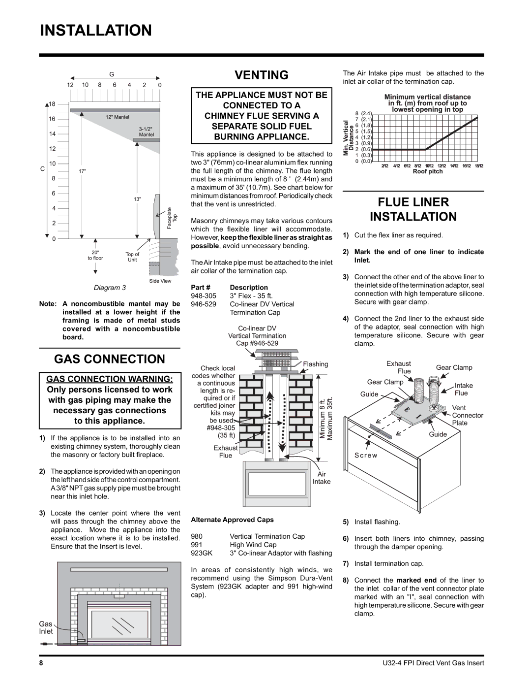 Regency U32-LP4, U32-NG4 installation manual Venting, Flue Liner Installation, GAS Connection 