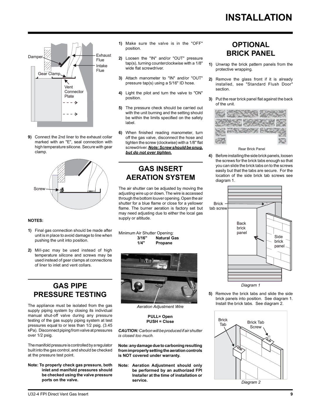 Regency U32-NG4, U32-LP4 GAS Insert Aeration System, Optional Brick Panel, GAS Pipe Pressure Testing, Natural Gas Propane 