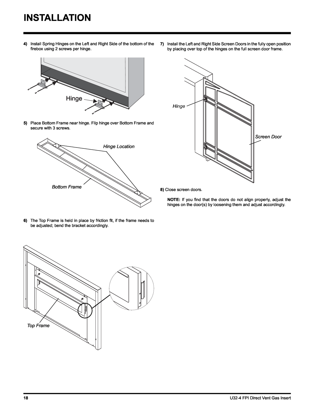 Regency U32-LP4, U32-NG4 installation manual Screen Door Hinge Location Bottom Frame, Top Frame 