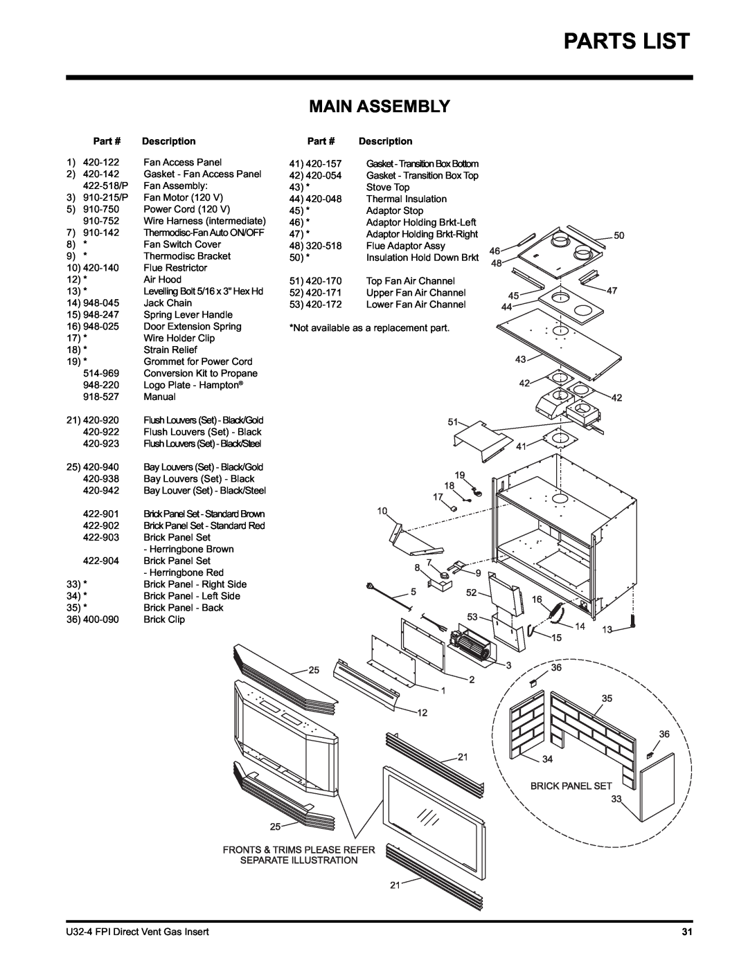 Regency U32-NG4, U32-LP4 installation manual Parts List, Main Assembly, Description 