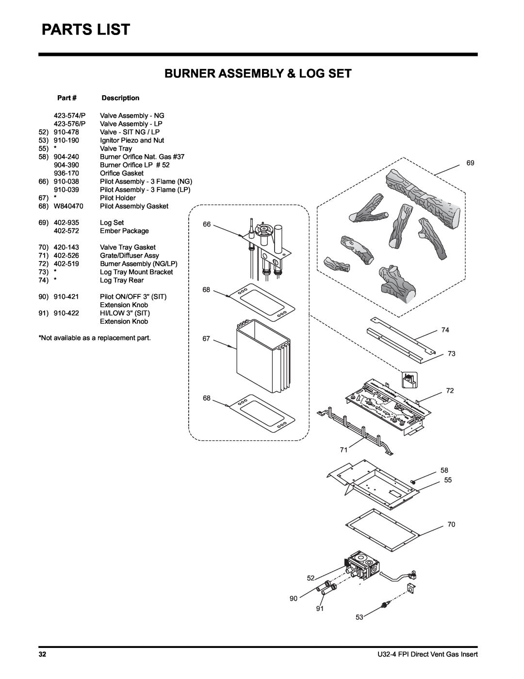 Regency U32-LP4, U32-NG4 installation manual Burner Assembly & Log Set 