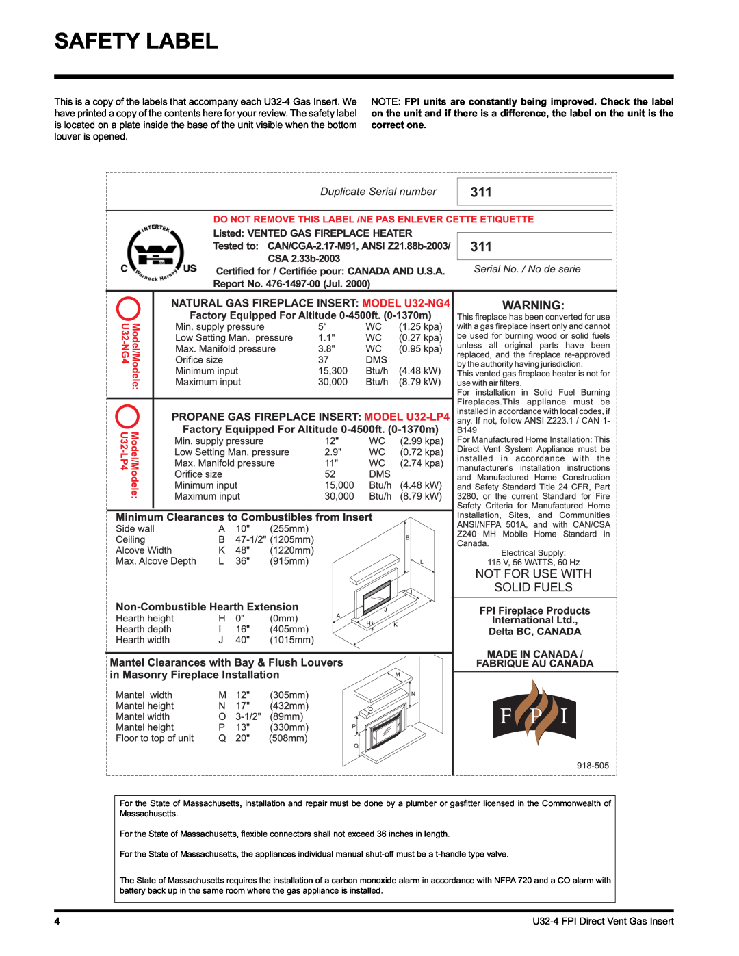 Regency U32-LP4, U32-NG4 installation manual Safety Label 