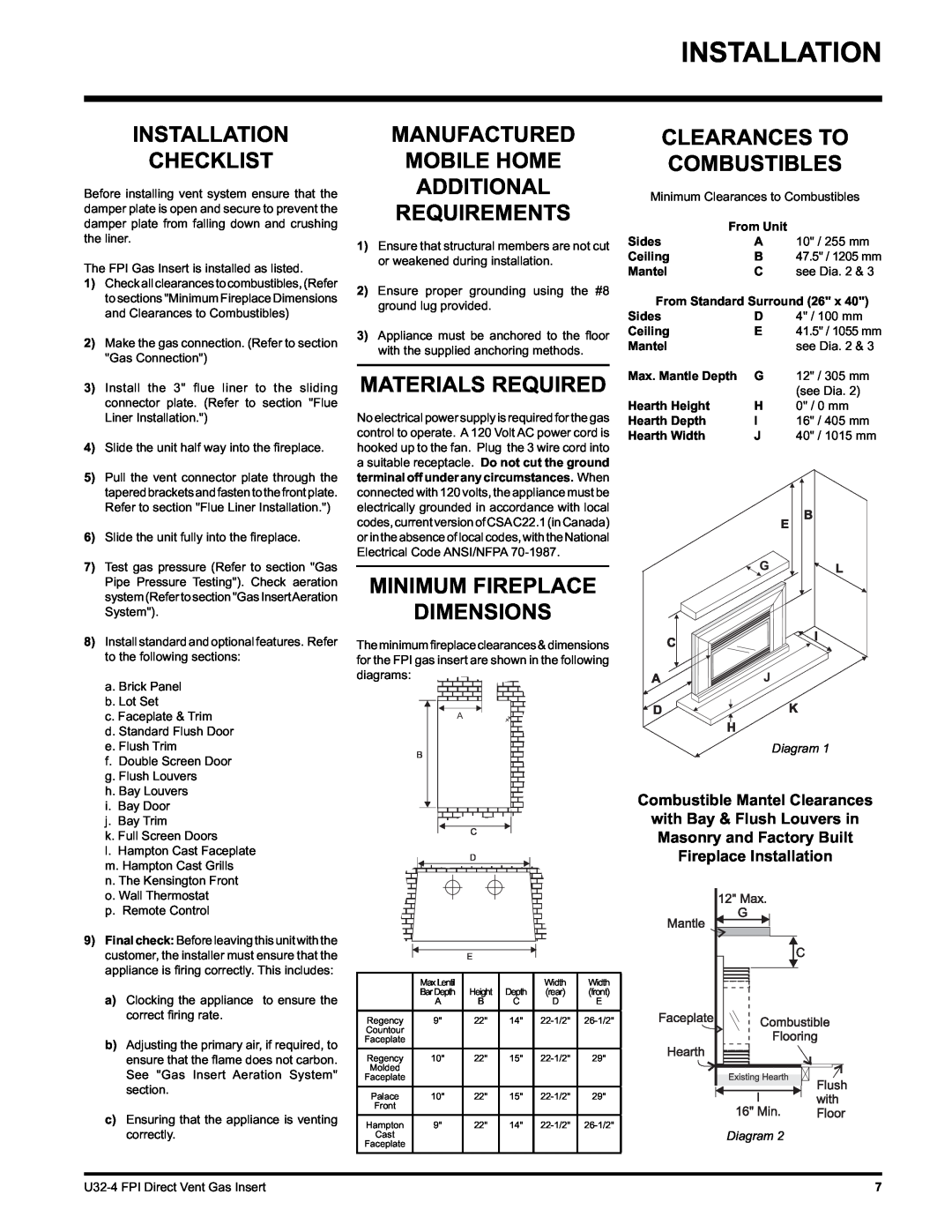 Regency U32-NG4 Installation Checklist, Manufactured Mobile Home Additional Requirements, Materials Required, Sides 