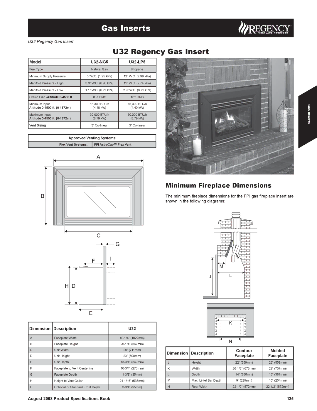 Regency dimensions Minimum Fireplace Dimensions, Model U32-NG5 U32-LP5, Description U32, Description Contour Molded 