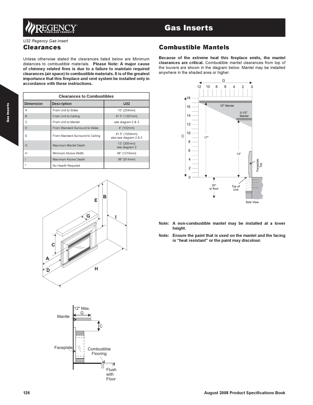 Regency U32-LP5, U32-NG5 dimensions Combustible Mantels, Clearances to Combustibles, 126 