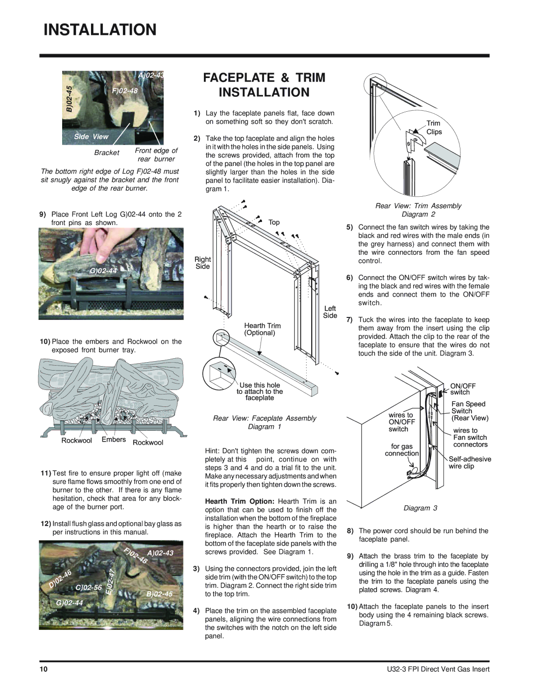 Regency U32-NG3 Faceplate & Trim Installation, Rear View Trim Assembly Diagram, Rear View Faceplate Assembly Diagram 