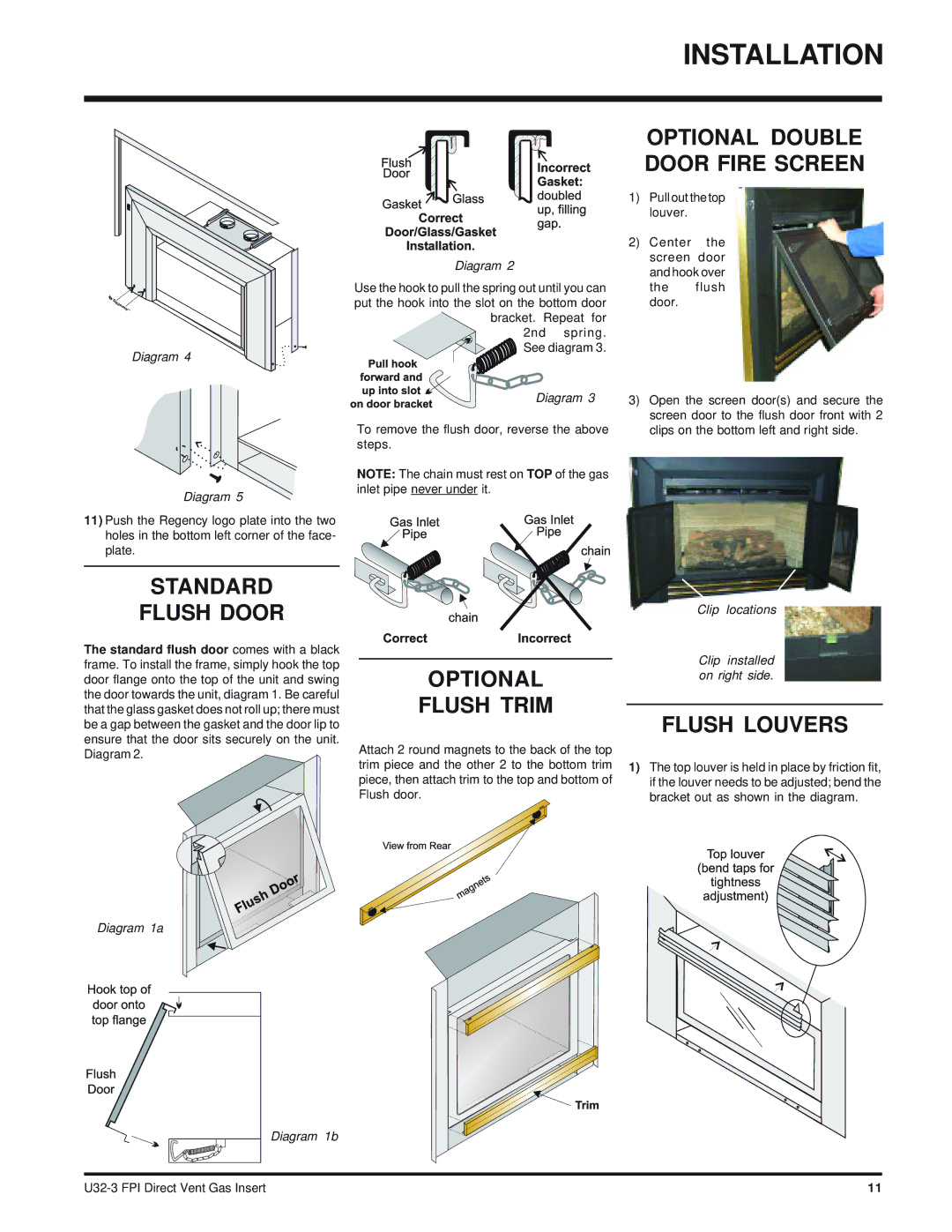 Regency U32-NG3 installation manual Optional Double Door Fire Screen, Standard Flush Door 