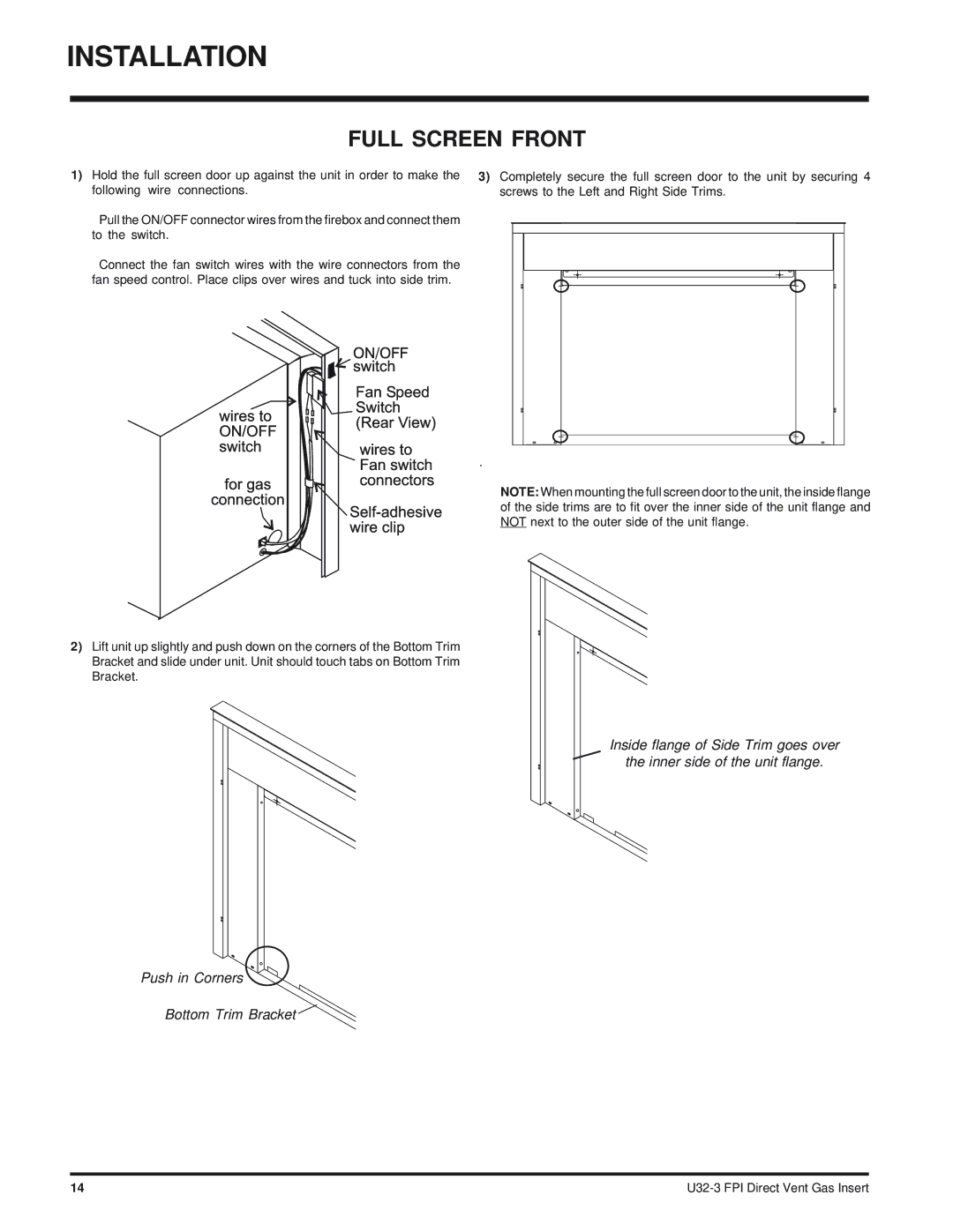 Regency U32-NG3 installation manual Full Screen Front 