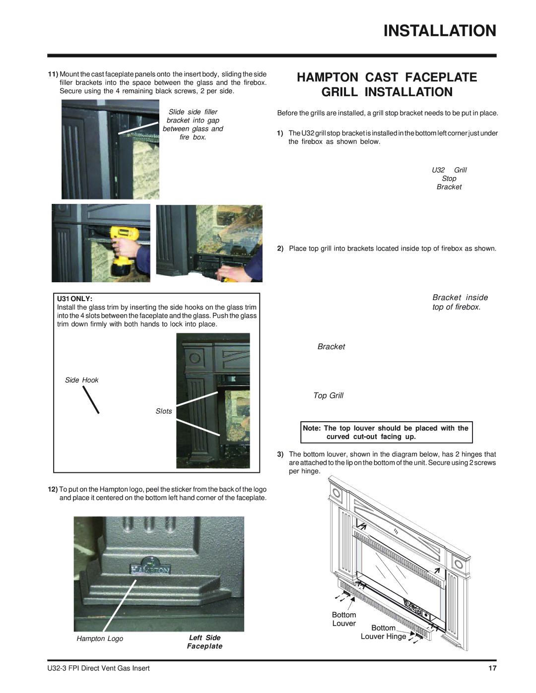 Regency U32-NG3 installation manual Hampton Cast Faceplate Grill Installation, Side Hook Slots, U32 Grill Stop Bracket 