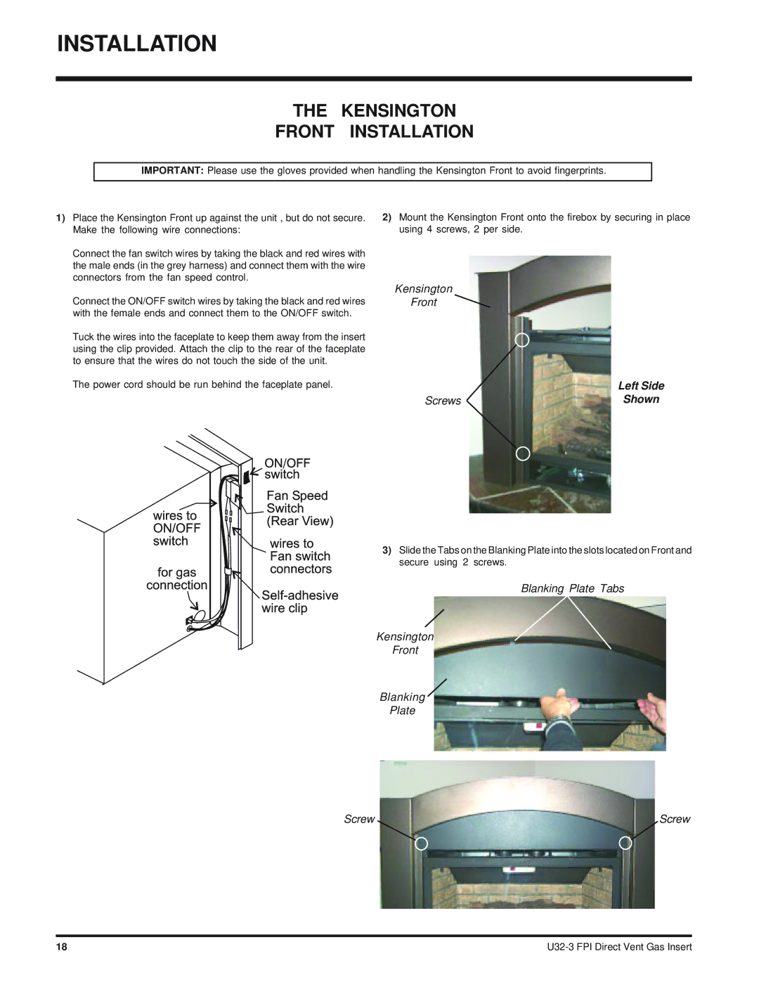 Regency U32-NG3 installation manual Kensington Front Installation, Screws Shown 