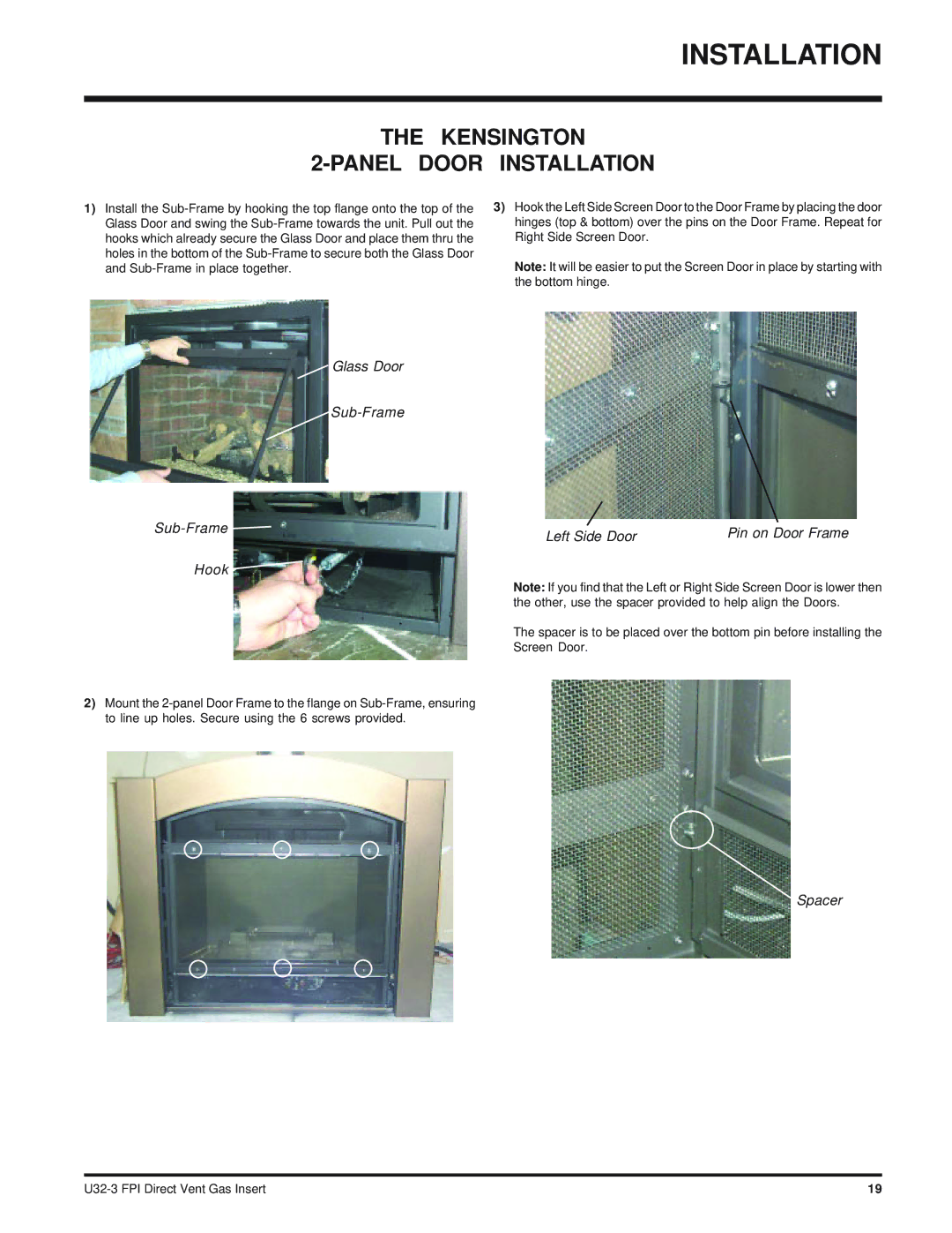 Regency U32-NG3 installation manual Kensington Panel Door Installation, Glass Door Sub-Frame Hook 