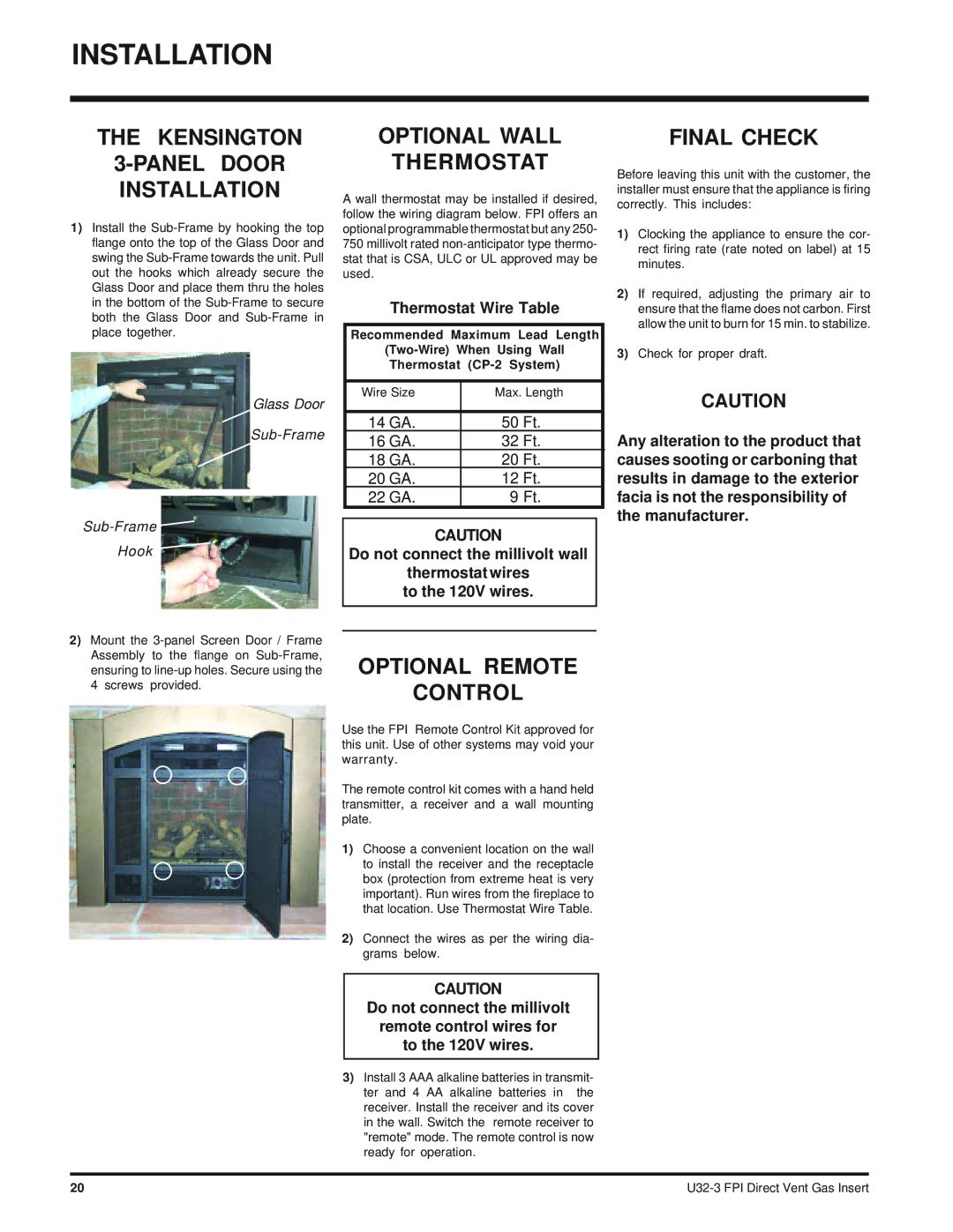 Regency U32-NG3 installation manual Optional Wall Thermostat, Final Check, Optional Remote Control 