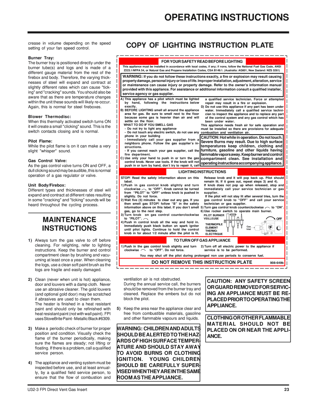 Regency U32-NG3 installation manual Maintenance Instructions, Copy of Lighting Instruction Plate 