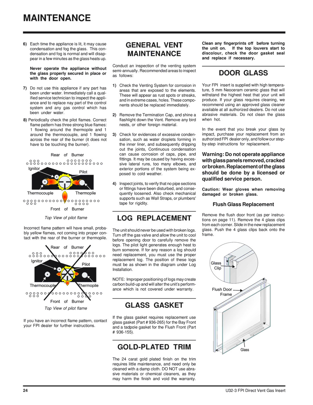 Regency U32-NG3 installation manual General Vent Maintenance, Door Glass, Glass Gasket, GOLD-PLATED Trim 